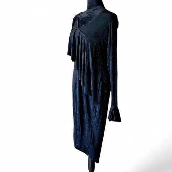 Black Draped Cutout Midi Dress – Minimalist Asymmetrical L - Picture 4 of 8